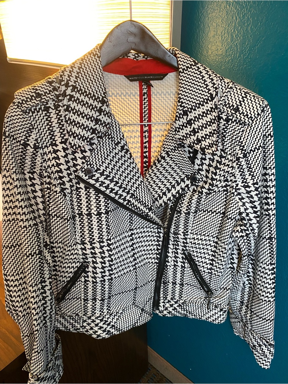 White House Black Market Black & White Houndstooth Moto Jacket